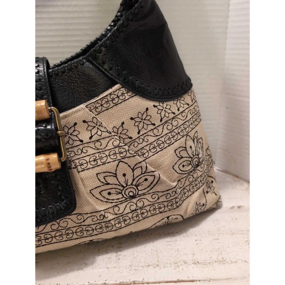 Kate Landry Beige & Black Embroidered Hobo Bag with Bamboo Accents